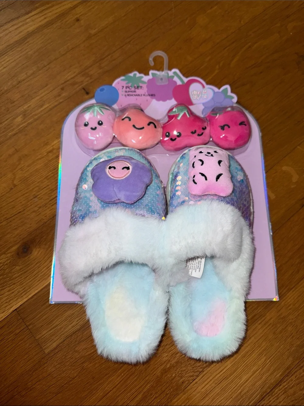 Kids Plush Sequin Slippers with Fruit Plush Charms - Pastel Blue/Pink